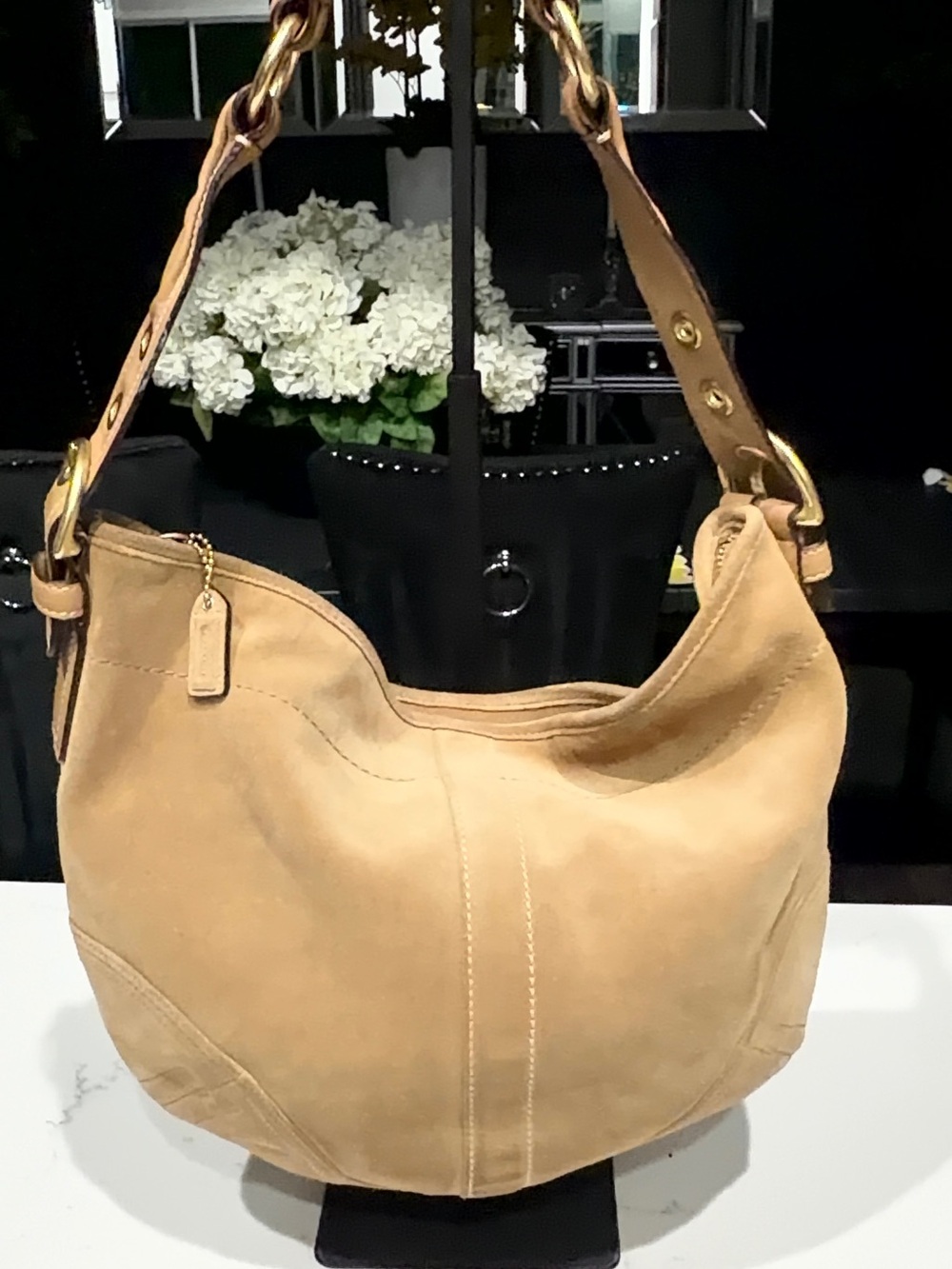 Coach Suede Hobo Bag in Light Tan with Gold Hardware